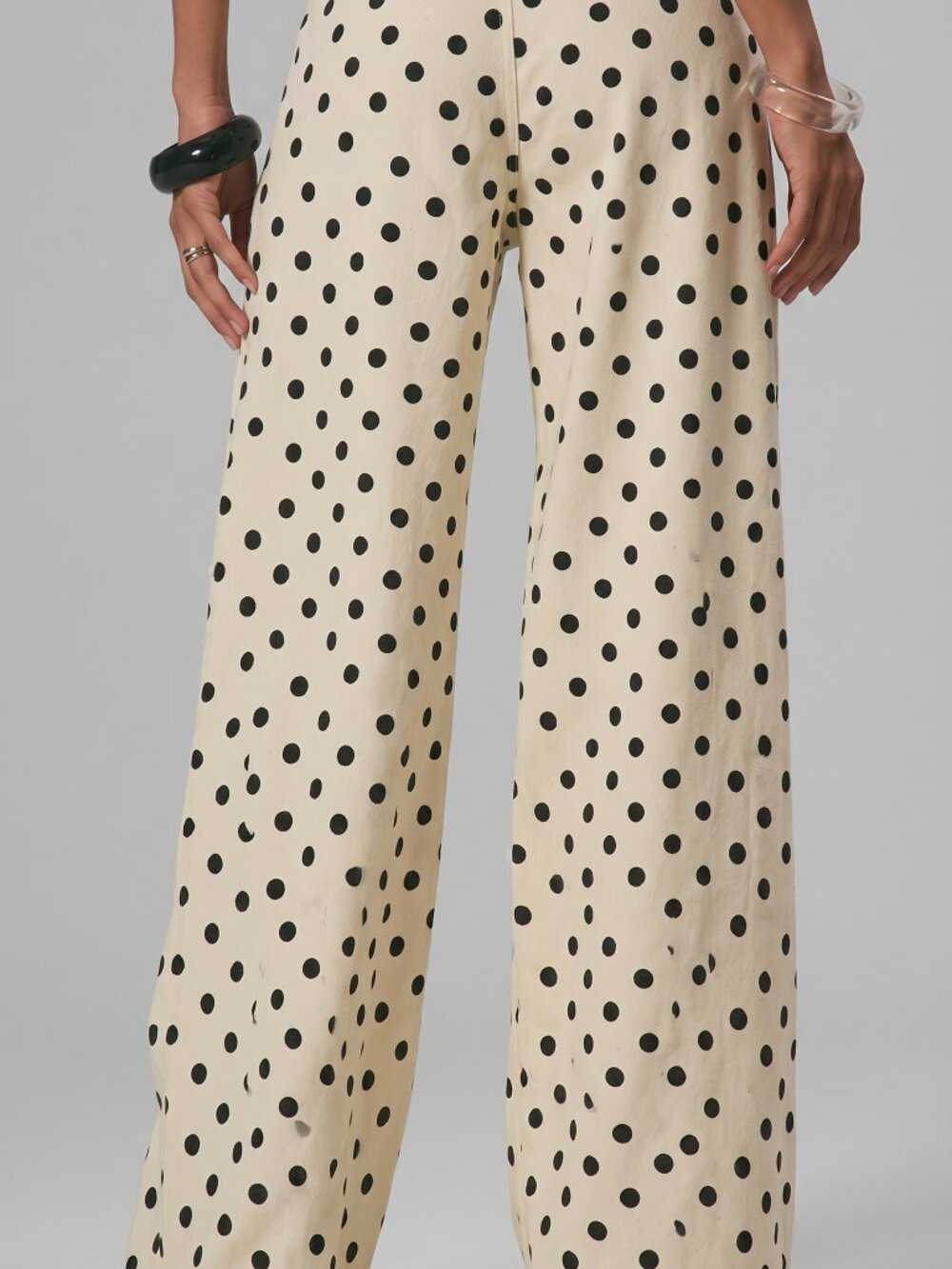 Women Off White Polka Dot Wide Leg Jeans Cotton High Waist Casual Pants - Picture 3 of 7